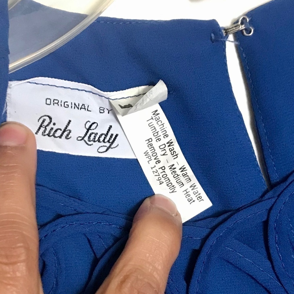 Vintage Rich Lady Royal Blue Pleated Sheer Long Sleeve Dress XL Neck Detail - Picture 4 of 7